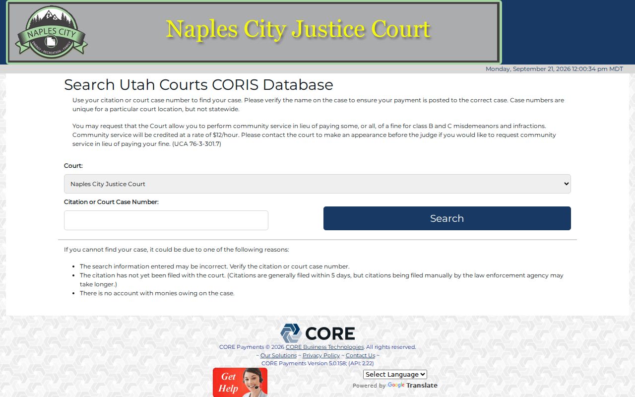 Uintah County warrant records and Naples City Justice Court payment route