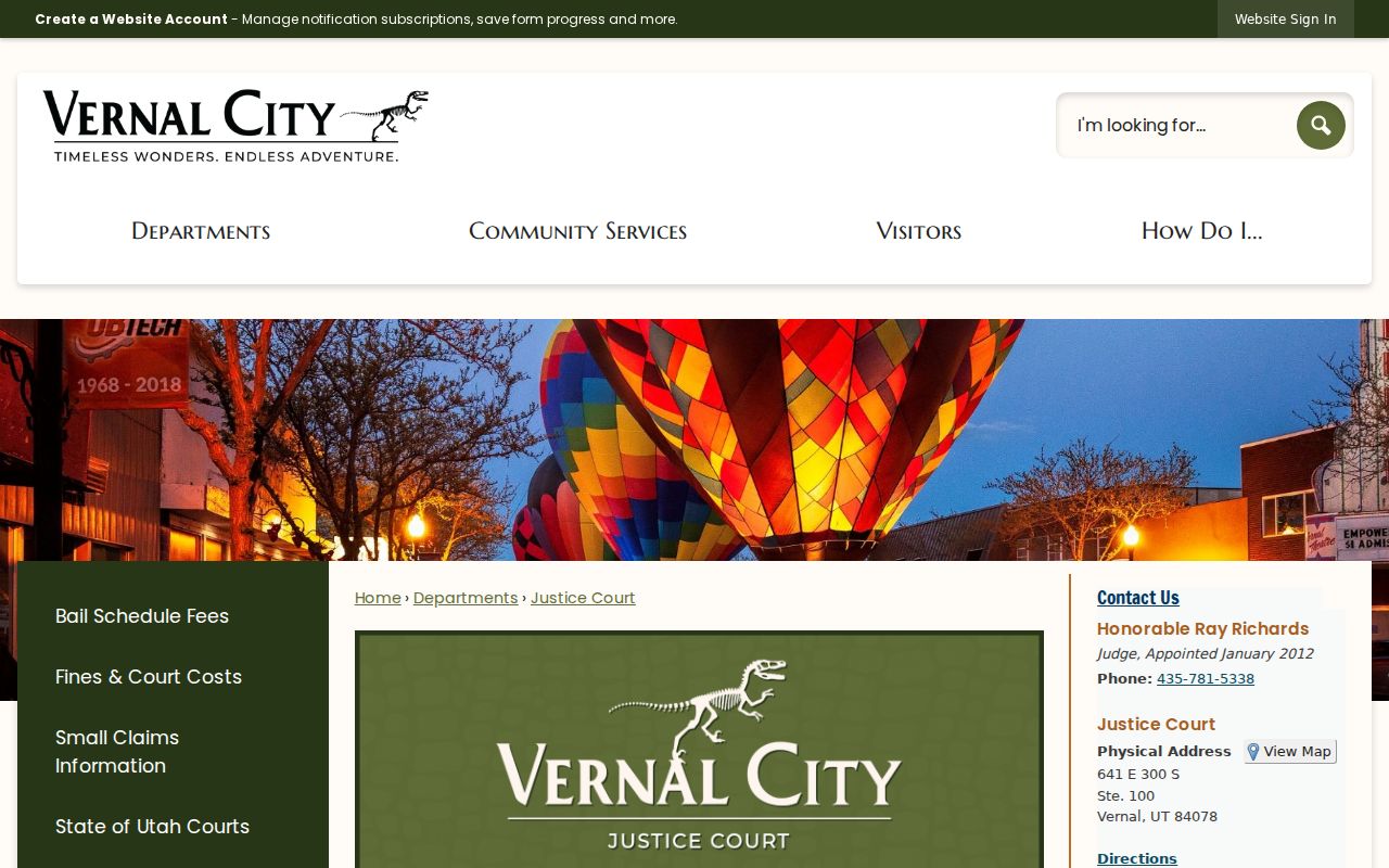 Uintah County warrant records and Vernal City Justice Court contact page