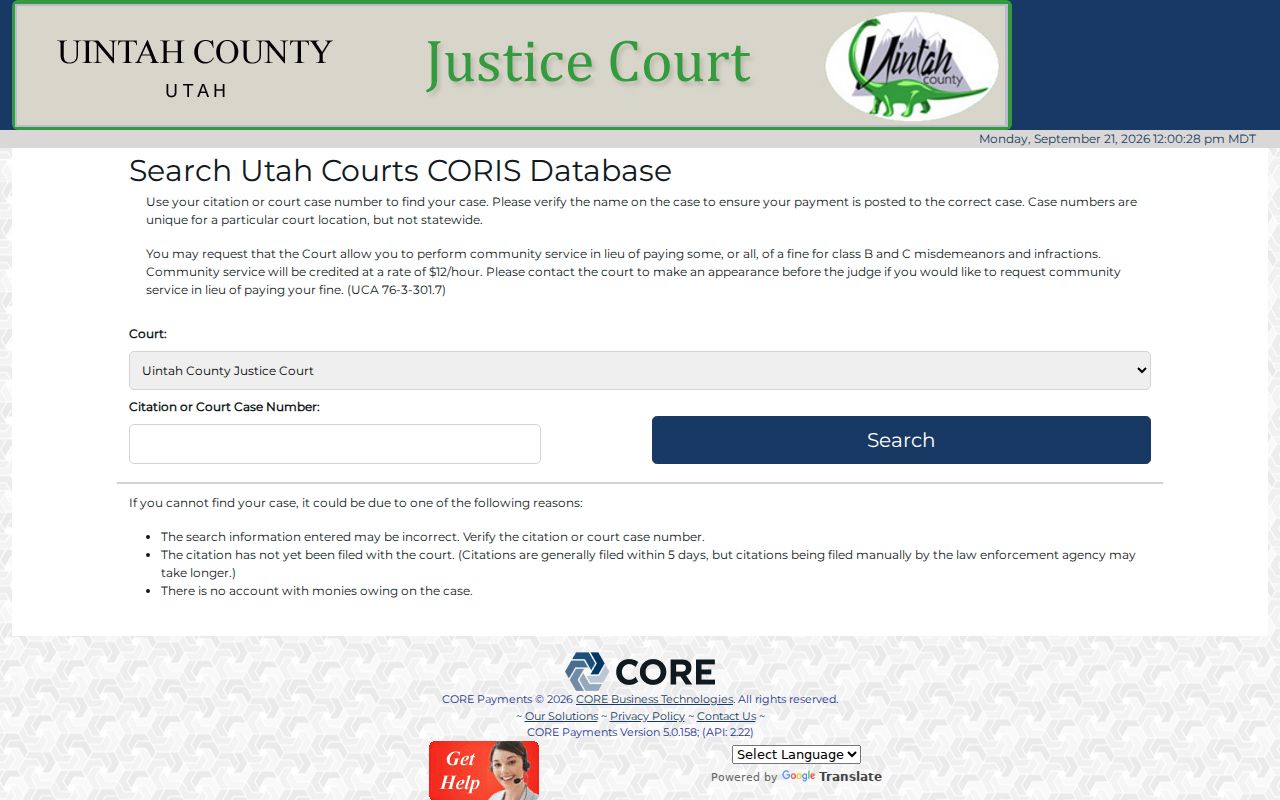 Uintah County traffic warrant records: court-labeled Uintah County payment route