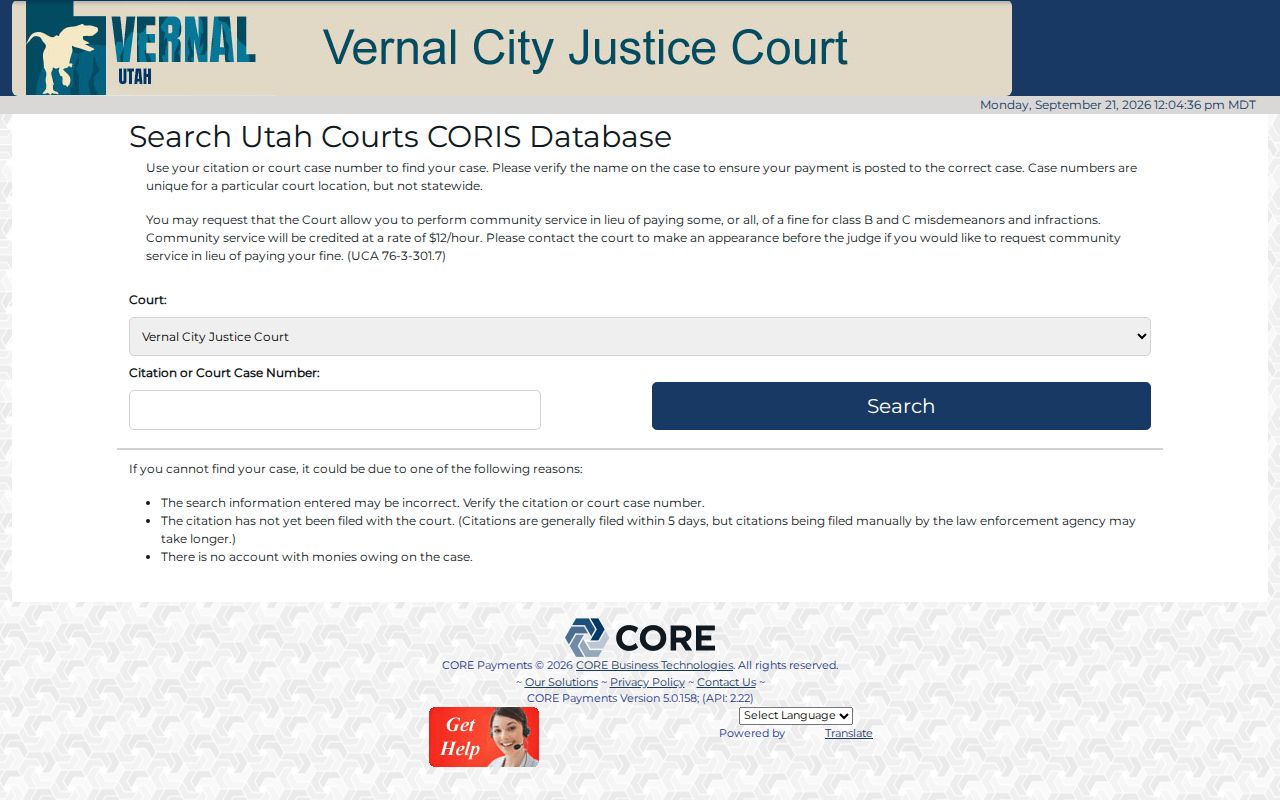 Uintah County warrant records and Vernal City Justice Court payment route