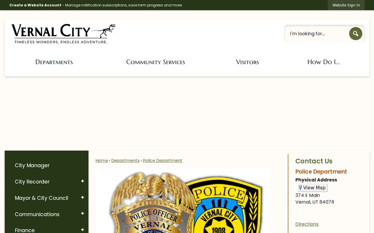 Vernal warrant records and Vernal Police Department contact page
