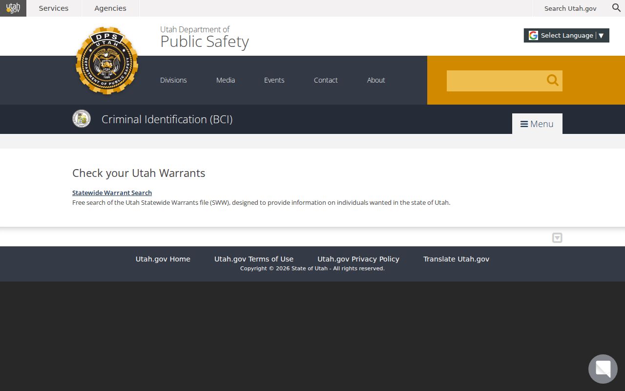 Uintah County warrant search: Utah BCI public warrant-search instructions