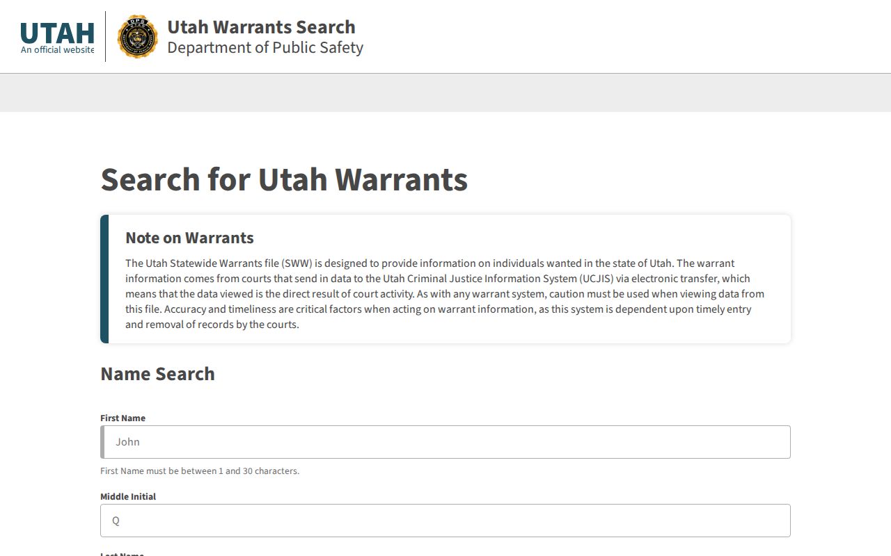 Uintah County warrant records: Utah Statewide Warrants portal